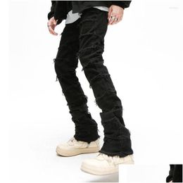 Men'S Jeans Mens Jeans Retro Work Flared Pants Grunge Wild Stacked Ripped Long Trousers Straight Y2K Baggy Washed Faded For Men Drop Dhbh0