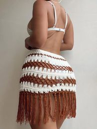 Women's Swimwear Women Knitted Bikini Cover Ups Summer Stripes Crochet Cutout Elastic Sarong Skirt With Tassel For Beach