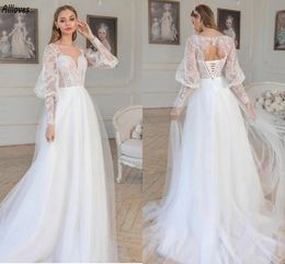 Romantic Illusion Long Sleeves A Line Wedding Dresses Lace Tulle Skirt Modern Rustic Country Bridal Gowns Plus Size Sweep Train Lace-up Back Vestidos De Novia CL3211