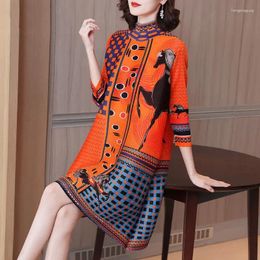 Casual Dresses Ethnic And Western Style Middle Aged Mom's A-line Dress Spring Retro Half High Neck Pleated