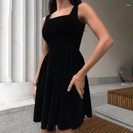 Casual Dresses 2024 Spring And Autumn Women's Velvet Square Neck Black Slim Fit Waist Dress Sexy Short Skirt