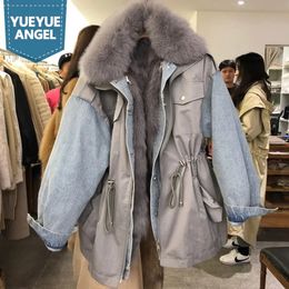 Winter Warm Parkas Women Fashion Patchwork Denim Jacket Rabbit Fur Lining Overcoats Casual Thick Loose Windbreakers Cargo Coat 240117