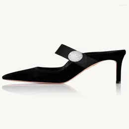 Dress Shoes Rhinestone Round Buckle Slippers Outer Wear Stiletto Pointed Toe Mules Black Suede High Heels Women Sandalias De Mujer