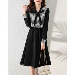 Casual Dresses Fashion V-Neck Spliced Loose Folds Lace Up Bow Midi Dress Women's Clothing 2024 Summer Houndstooth Office Lady Long