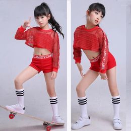 Stage Wear Girls Red Cool Ballroom Jazz Hip Hop Dance Costume Tank Tops Shorts Net Blouse For Kid Dancing Clothes Outfit