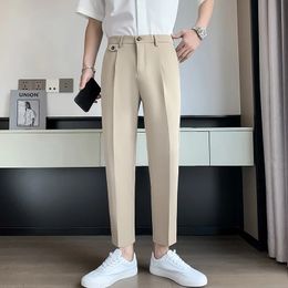 Summer Solid Color Suit Pants Men Slim Fashion Social Mens Dress Korean Straight Casual Office Formal 240117