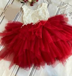 Girl Dresses Flower Girls Dress Red Tulle White Lace Baby Birthday Party Teenager Children Kids Tutu Vestidos Christening Gown 12M 18M