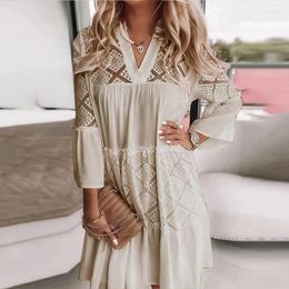 Casual Dresses Sexy Embroidery Lace Hollow Party Dress Women Spring Elegant V-neck Patchwork Pleated Autumn Long Sleeve A-Line Mini