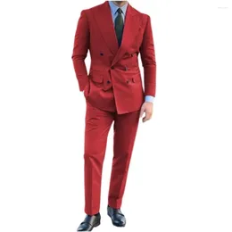 Men's Suits Red Double Breasted Men 2 Pcs Formal Business Casual Cosutmes Wedding Groom Dress Tuxedo Tailored Blazer Jacket With Pants