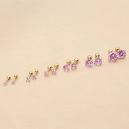 Stud Earrings Needle 1.2 6MM Stainless Steel Screw-back Pink Zircon Golden IP Plating No Easy Fade Allergy Free