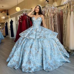 Sky Blue Quinceanera Dresses Off the Shoulder Ball Gown Gold Applique Lace Vestidos De 15 Anos Sweetheart Beaded Evening Party Dress