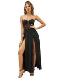 Women Socks European Style Summer Strapless Woman Dress Sexy Party Vestido Black Split Mesh Banquet