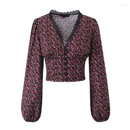 Women's Blouses YENKYE Spring 2024 Women Vintage Rose Floral Print Crop Shirt Lantern Sleeve V Neck Female Short Blouse French Style Blusas