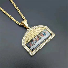 Iced Out The Last Supper Pendant Necklace Male 14k Yellow Gold Cross Necklaces For Men Religious Jewellery