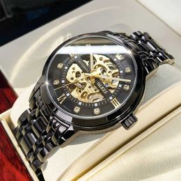 Other Watches OLEVS Mens Luxury Automatic Mechanical Self Winding Skeleton Diamond es Stainless Steel Strap Waterproof Wrist Q240118