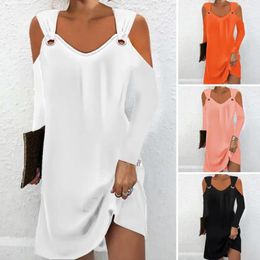 Casual Dresses Women Spring Autumn V-neck Cold Shoulder Dress Long Sleeve Metal Buckle Design Solid Color Mini Streetwear