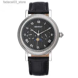 Other Watches Berny Quartz Men's Wrist Moon Phase Business Luxury es Leather strap Waterproof NEW High Quality Stainless Q240118