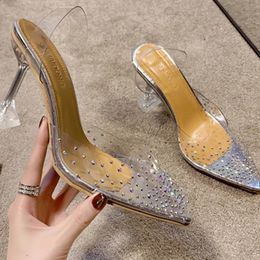 Women High Heel Shoes Summer Bling Transparent Plastic Thin Slingbacks Dress Party Pionted Toe Heels 240117