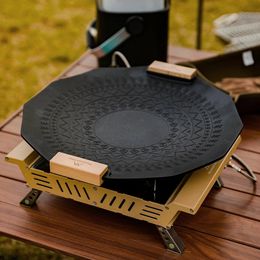 Portable Outdoor BBQ Grill Plate Uniform Heating Round Pan with Anti Scald Handle Slip Base Camping Cookware 240117