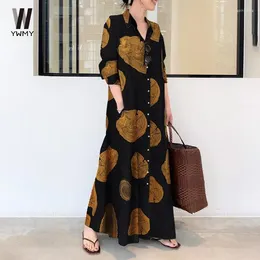 Casual Dresses Spring Summer Women's Long Shirt Dress Clothing Muslim Cotton Linen Printed Sleeves Simple Loose