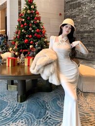 Casual Dresses Woman Hanging Neck Hollow Rhinestone Dress Women Elegant Sexy Flavorful Fishtail Long Skirt Autumn And Winter 2024