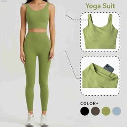 Active Sets Seamless Yoga Set Women Lycra Gym Clothing Sports Bra Semi-Fixed Cups Workout Tops Anti Rolling Yoga Leggings with Pocket TightsL240118
