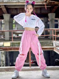 Stage Wear Hip Hop Dance Costume Girls Kpop Jazz Modern Clothes Concert Catwalk Kids Long Sleeves White Tops Pink Pants BL9091