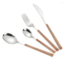 Dinnerware Sets Cutlery Stainless Steel Tableware Fork Spoon Knife Flatware Imitation Wood Handle Silverware For Kitchen Dinner