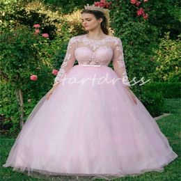 Princess Pink Quinceanera Dresses 2024 Sixteen Appliques Lace Tulle Sweet 16 Dress Vestidos De 15 Anos Elegant Long Sleeve Sexy Open Back Prom Dress Debutante Dress