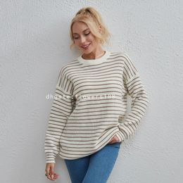 Women's Sweaters Women's New Hot Striped Versatile Round Neck Top Simple Casual Loose Sweater