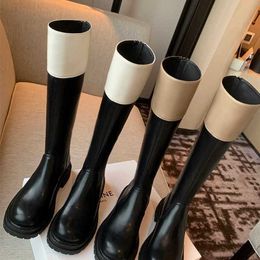 Boots Dress Shoes Colour Blocking Fashion Round Head Thick Bottom Heel Medium Long Tube Thin Cavalry Boots for Women in 221013
