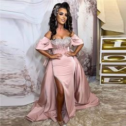Dusty Pink Off The Shoulder Evening Dresses Beading Mermaid Evening Gown with Detachable Train Side Split Abendkleider