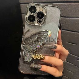 Cell Phone Cases Luxury Phone Case For iPhone 15 14 13 12 11 Pro Max With Glass Lens Camera Film Glitter Bling Butterfly Mobile Cover Girl Funda J240118