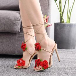 Sandals 2024 11cm Rose Blossom High Heel Heels Open Toe Summer Women's Dress Sexy Shoes