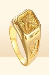 fashion Mens Eagle Ring Gold Tone Stainless Steel Square Top with Rays Signet Ring Heavy Animal Band243K9884537