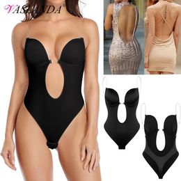 Shapewear Bodysuit Women Deep V-Neck Body Shaper Padded Bra Backless U Plunge Thong Shaper Waist Trainer Push Up Party Underwear 240117