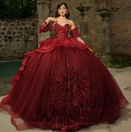 Burgundy Shiny Quinceanera Dresses Formal Luxury Party Beading Lace Appliques Sweet 15 Dress Graduation Ball Gwon Prom Gowns