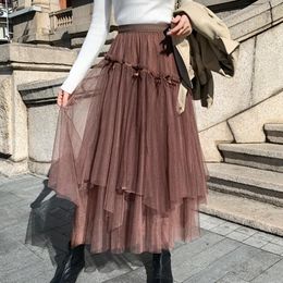 Skirts Autumn Winter Tulle Women A-line Mesh Flowing Draping Feeling Slim Pleated Streetwear Skirt Y2K
