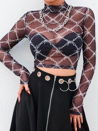 Women's T Shirts Mesh Tee Shirt Femme Sexy Long Sleeve Crop Top Chain Print Women Streetwear Vintage Fishnet T-shirt 2024 Arrival