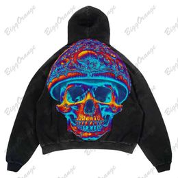 Men's Hoodies Sweatshirts Gothic High Street Demon Skull Head Front and Rear Printed Hoodie New Men's and Women's Sweater Sweatshirt Punk Style Topyolq
