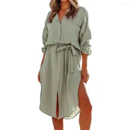 Casual Dresses Women Dress Fashion Long Shirt Sleeve Lapel Female Cardigan Solid Turn-down Collar Single-breasted Tight Waist Summer