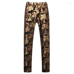 Men's Pants Men Luxury Gold Stamping Floral England Style Fashion Elastic Waist Male Pencil Trouser Wedding Party Prom Man Blazer Pant