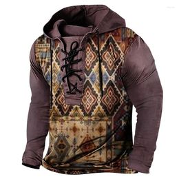 Men's T Shirts Retro Printed T-shirt Long-sleeved Hooded Lace-up Large Size Top 2024 Spring Western Style Trend Cool Street Clothing