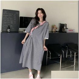 Basic & Casual Dresses Casual Dresses T-Shirt Dress Women Summer Short Sleeve Korean Leisure Students Striped All-Match Lazy Side-Sli Dhidn