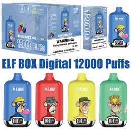 Original ELF Box Digital 12000 Puffs Disposable Vape Electronic Cigarettes Puff 12k 0% 2% 3% 5% 25ml Prefilled Pod Mesh Coil 500mah Rechargeable Pen