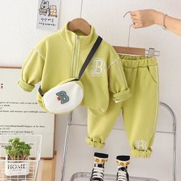Autumn Toddler Boy 3PCS Clothes Set Letter Solid Zipper Coat Spliced Bag Clothing Suit Sport Pant Infant Boy Outfit Kid Boy Suit 240117