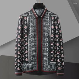 Men's Casual Shirts European Style Crown Pattern Print Men Shirt Long Sleeve Slim Social Streetwear Top Club Formal Dress