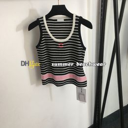 Women Striped Knit Sundress Knitted Vest Designer Embroidered Tight Knit Vest knitted Jumper Stylish Sleeveless Knit Tops