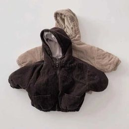 Ceketler 2023 Kış Yeni Bebek Ustura Kapüşonlu Palto Plus Kadife Kırık LDren Katı Sıradan Fermuar Erkek Kız Çocuklar Çocuklar Talif Ceket H240508