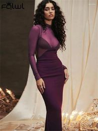 Casual Dresses Habbris Purple Sexy Mesh Long Dress Party Club Outfit For Women 2024 Spring Sleeve Sheer Maxi Backless Bodycon
